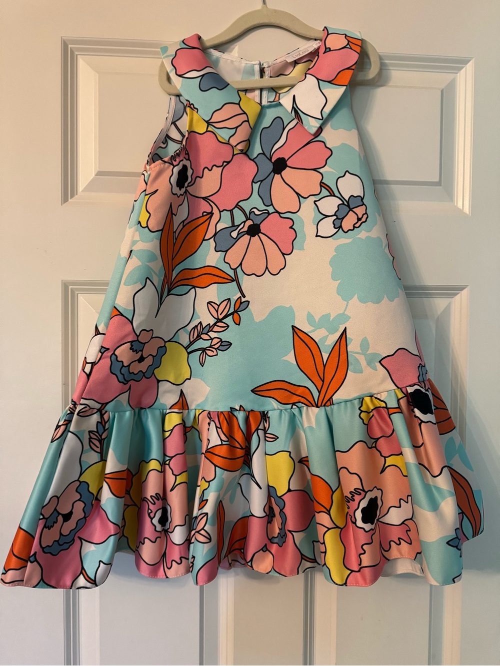 Girls Floral Fit & Flare Party Dress in Pastel Blue, Pink & Orange